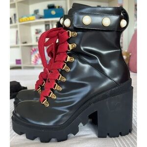 Gucci Glossy Black Boots with Red Laces and Gold Details